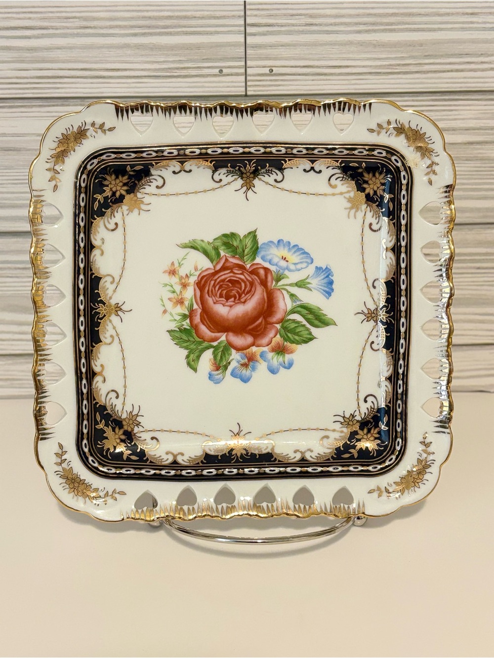 Royal Scotland RZS6 Porcelain Plate Square Reticulated Heart Pink Rose 7”